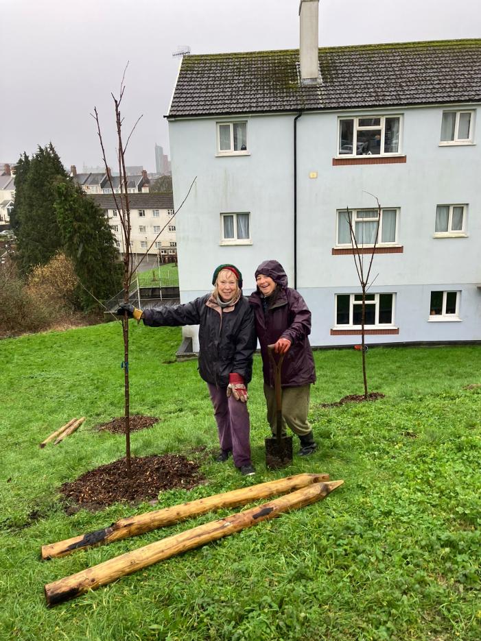 Mary and Anna planting cherries