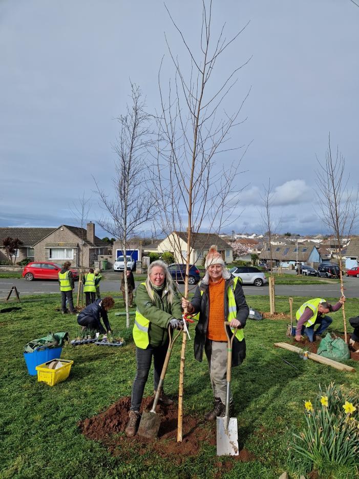 Dawn and Lynne planting a new Silver birch