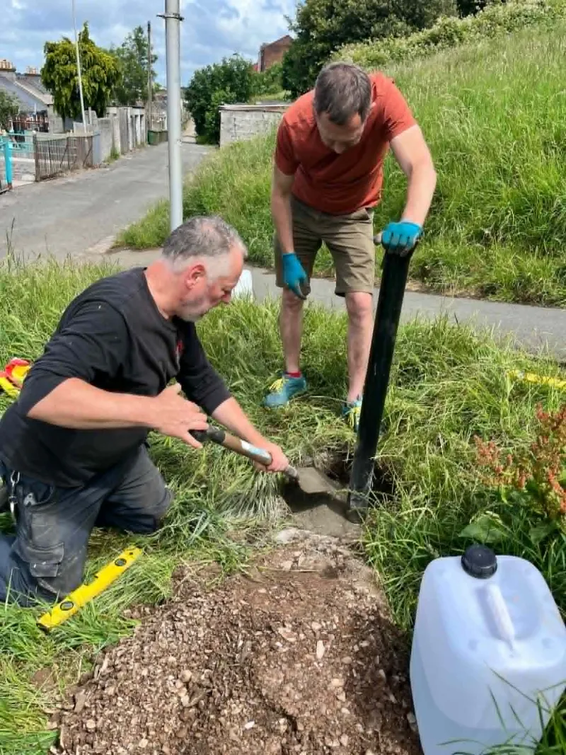 Mark and Rupert installing a board at Pasley Street Pocket Park